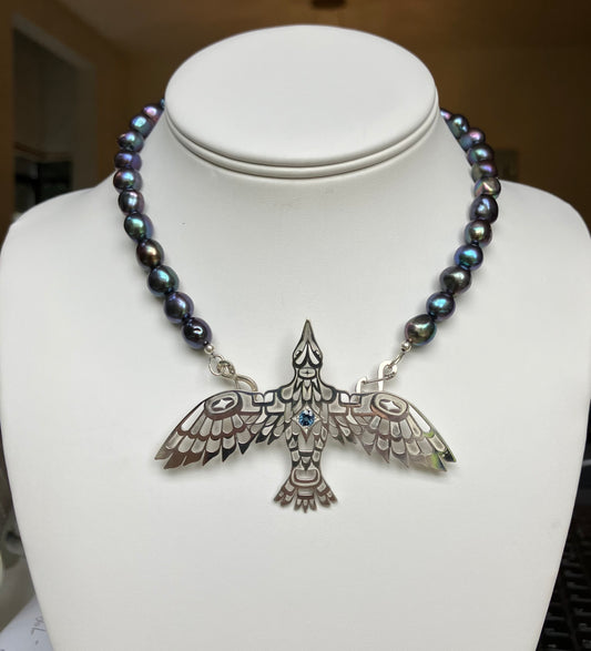 Raven Pendant "Creators View of Raven" on black fresh water pearls - sterling silver clasps