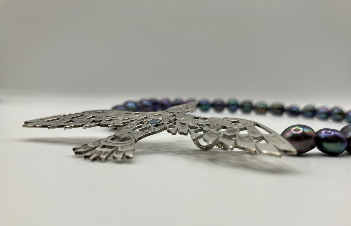 Raven Pendant "Creators View of Raven" on black fresh water pearls - sterling silver clasps