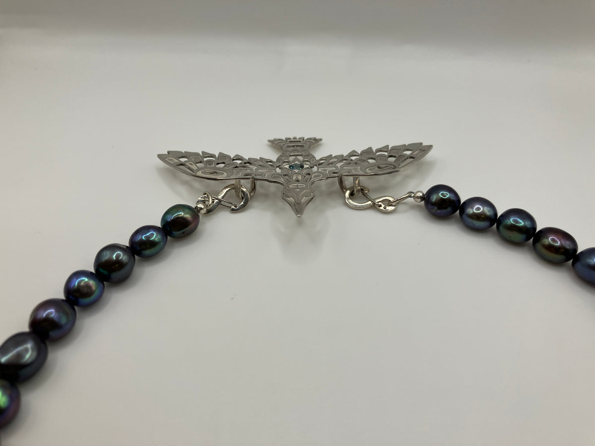 Raven Pendant "Creators View of Raven" on black fresh water pearls - sterling silver clasps