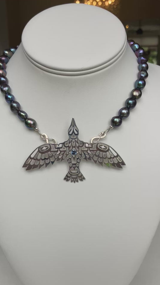Raven Pendant "Creators View of Raven" on black fresh water pearls - sterling silver clasps